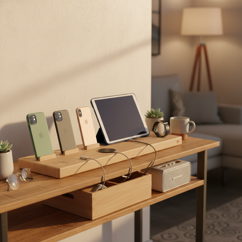 가족 기기 도킹 구역과 충전선, 태블릿을 정돈한 생성 이미지