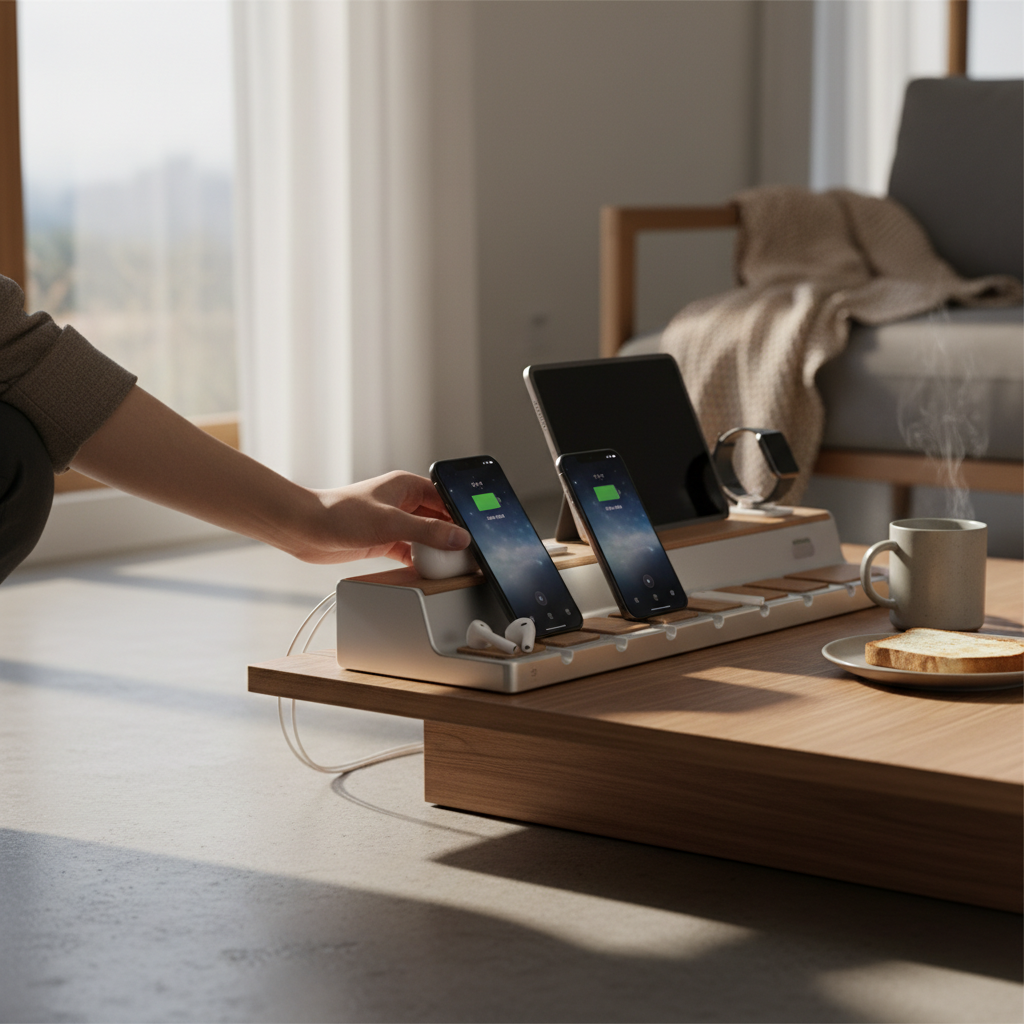 아침에 바로 들고 나갈 기기를 앞줄에서 꺼내는 생성 이미지