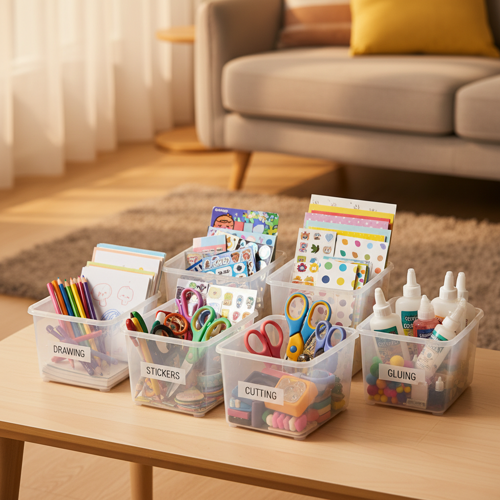 자주 쓰는 만들기 재료를 작은 바구니로 나눠 놓은 생성 이미지