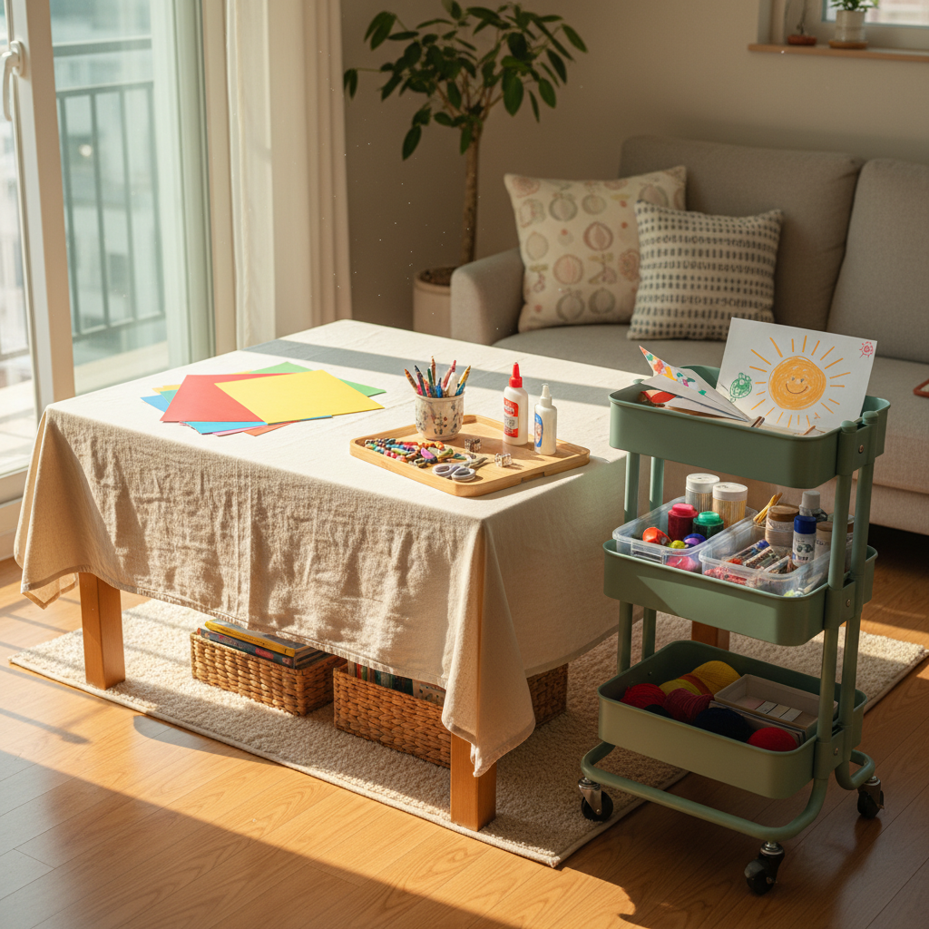 아이 만들기 테이블과 재료 카트를 따뜻하게 정돈한 생성 이미지