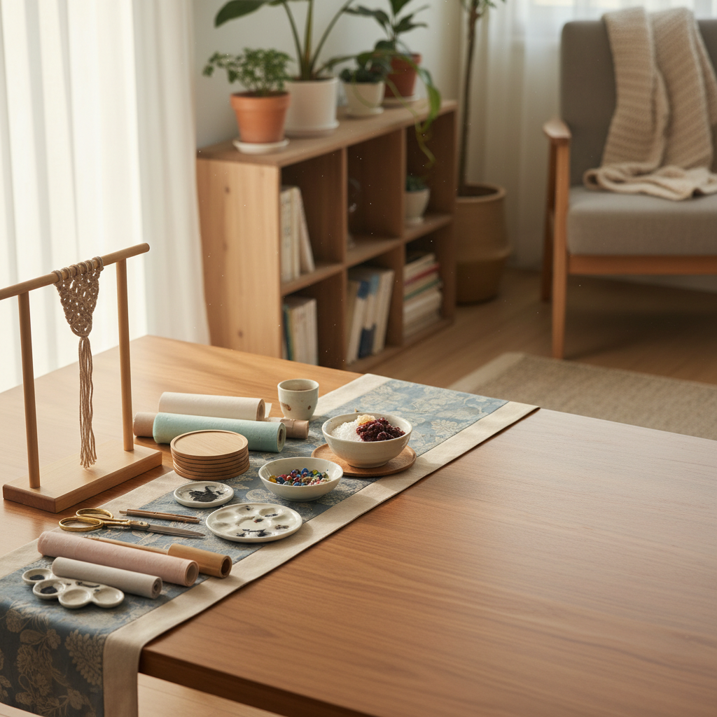 다음 놀이를 위해 테이블 한쪽을 비워 두고 재료를 다시 둔 생성 이미지