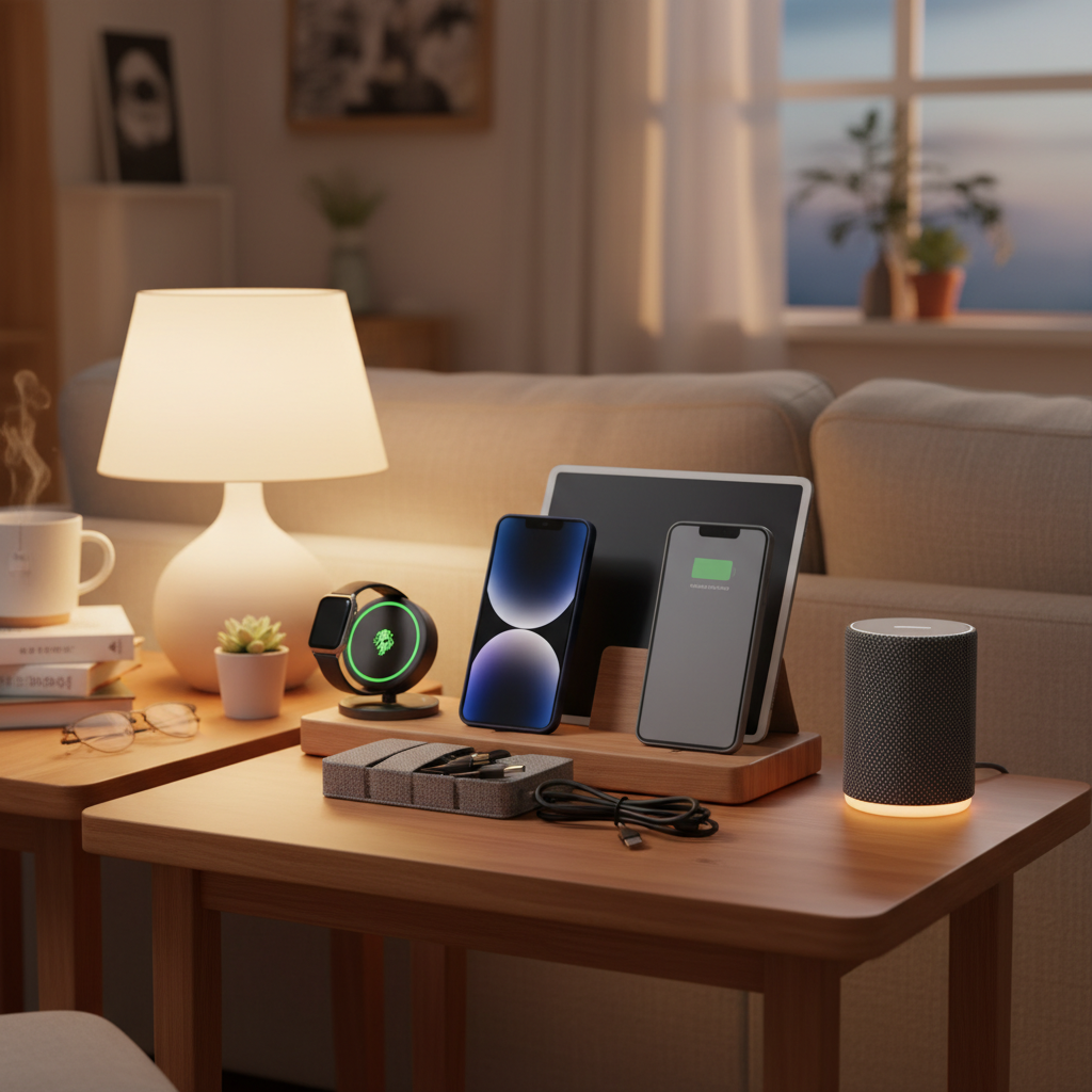 가족 기기 도킹 구역과 충전선, 태블릿을 정돈한 생성 이미지