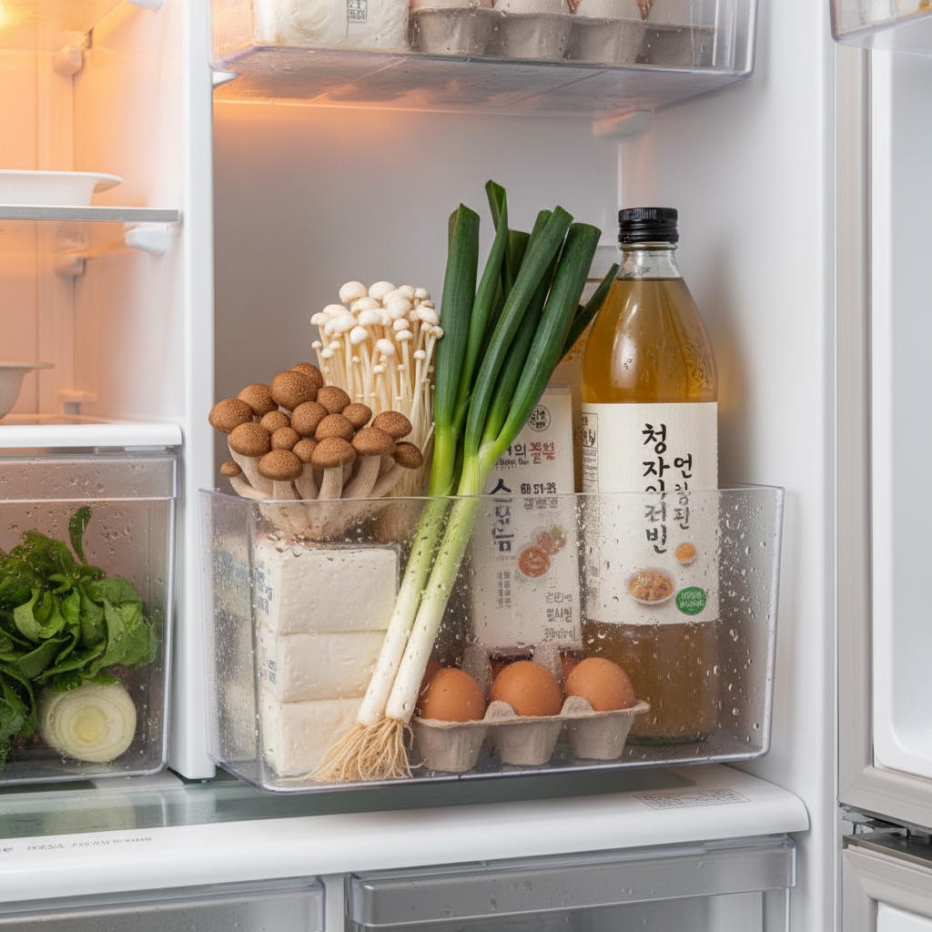 오늘 저녁에 쓸 재료만 냉장고 한 칸에 모아둔 생성 이미지