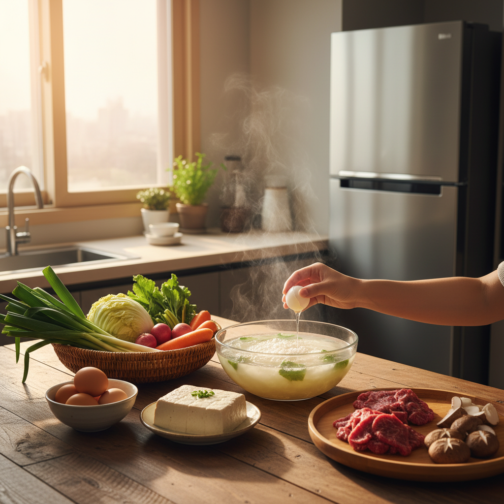 아침 햇살 아래 집밥 재료를 냉장고 앞에 차분히 정리한 생성 이미지