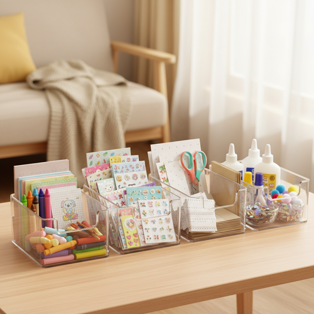 자주 쓰는 만들기 재료를 작은 바구니로 나눠 놓은 생성 이미지