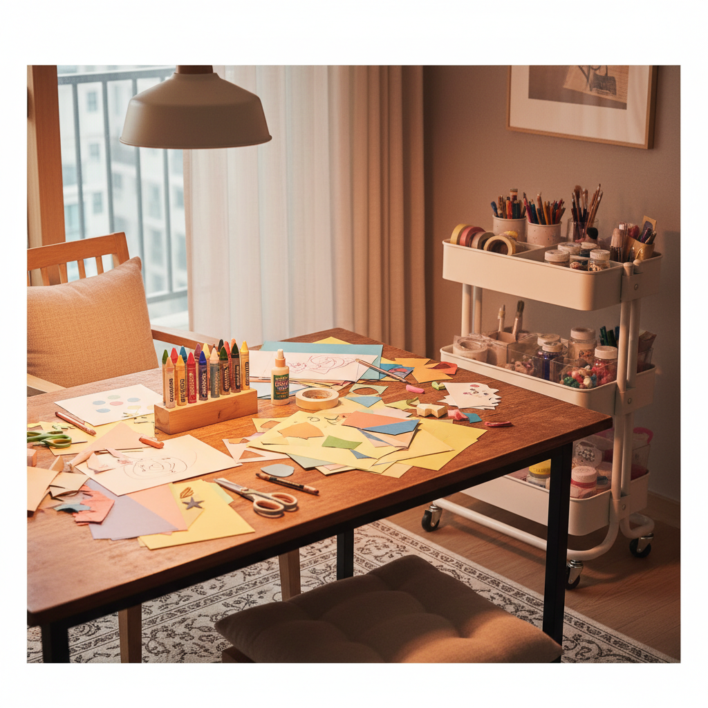 아이 만들기 테이블과 재료 카트를 따뜻하게 정돈한 생성 이미지