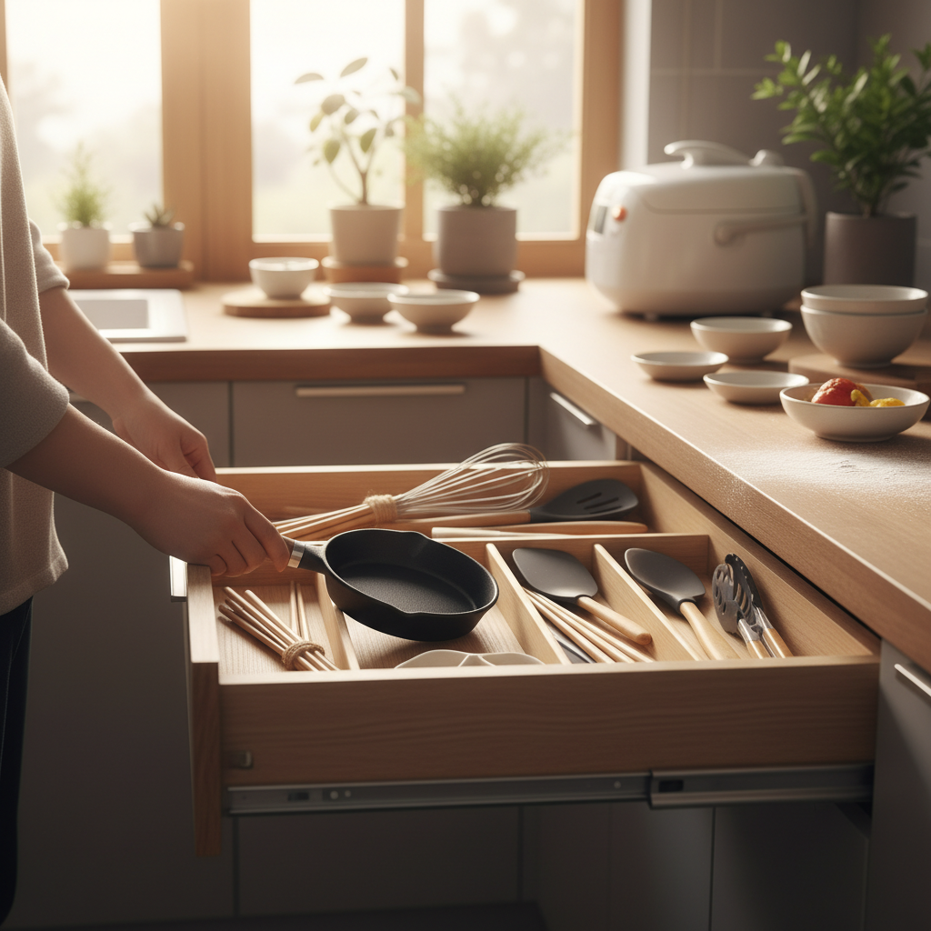 도구와 작은 팬을 같이 꺼내 두는 아침 준비 장면 생성 이미지