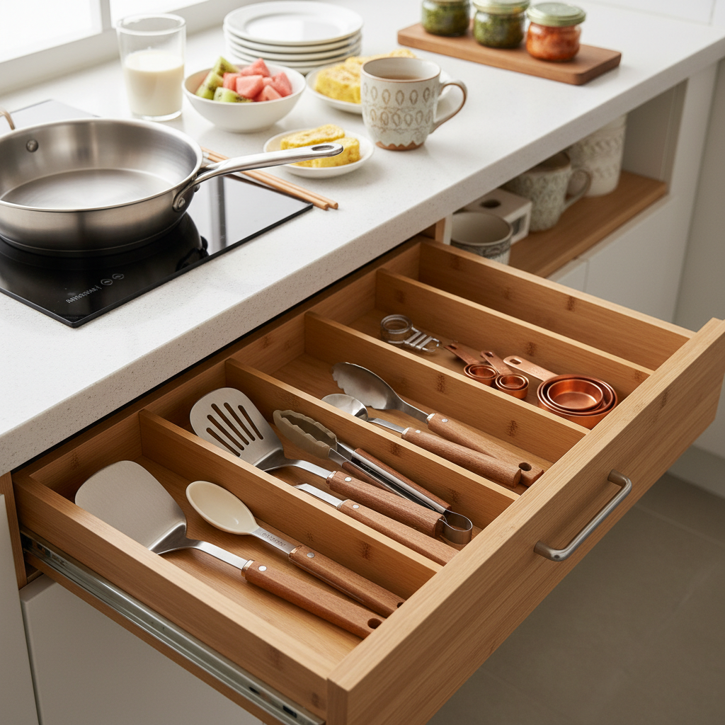 아침 조리도구가 서랍과 조리대에서 정돈된 생성 이미지