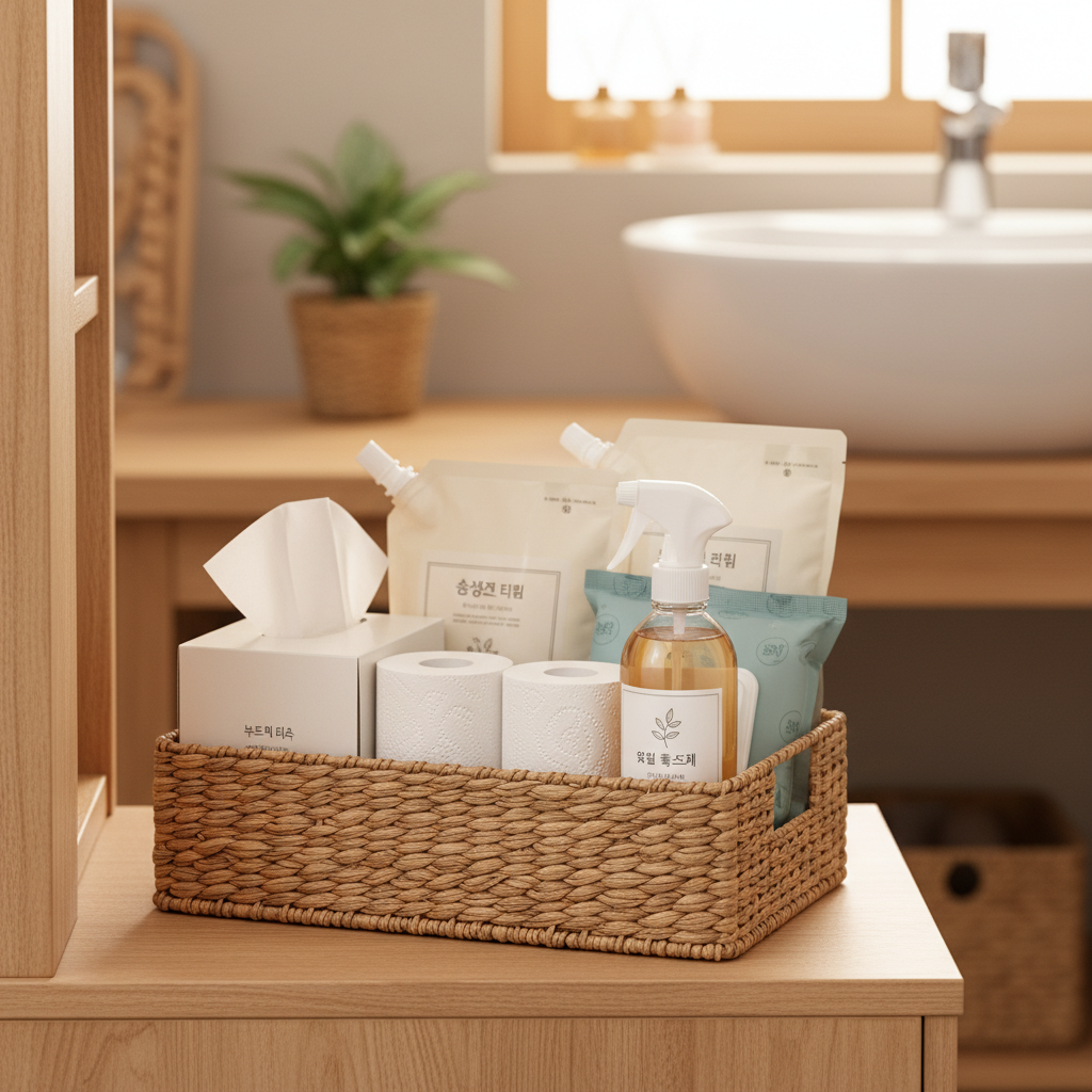 욕실 리필 바구니와 휴지, 세정제, 물티슈를 정리한 생성 이미지