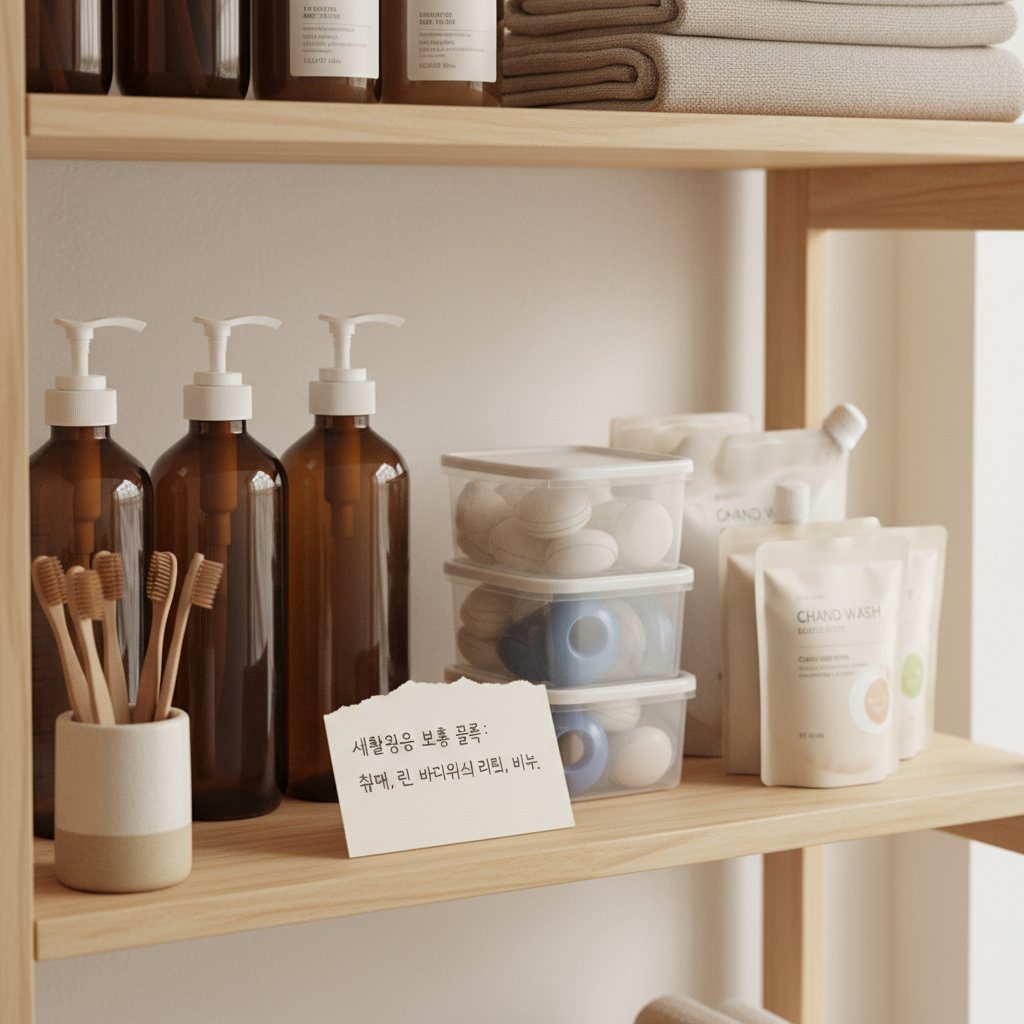 다음 교체 순서를 적은 작은 메모와 욕실용품을 둔 생성 이미지