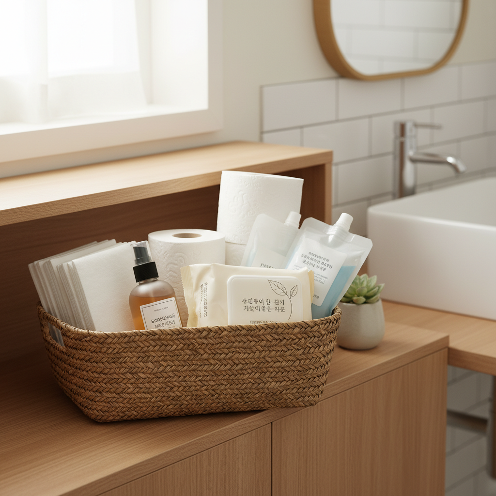 욕실 리필 바구니와 휴지, 세정제, 물티슈를 정리한 생성 이미지
