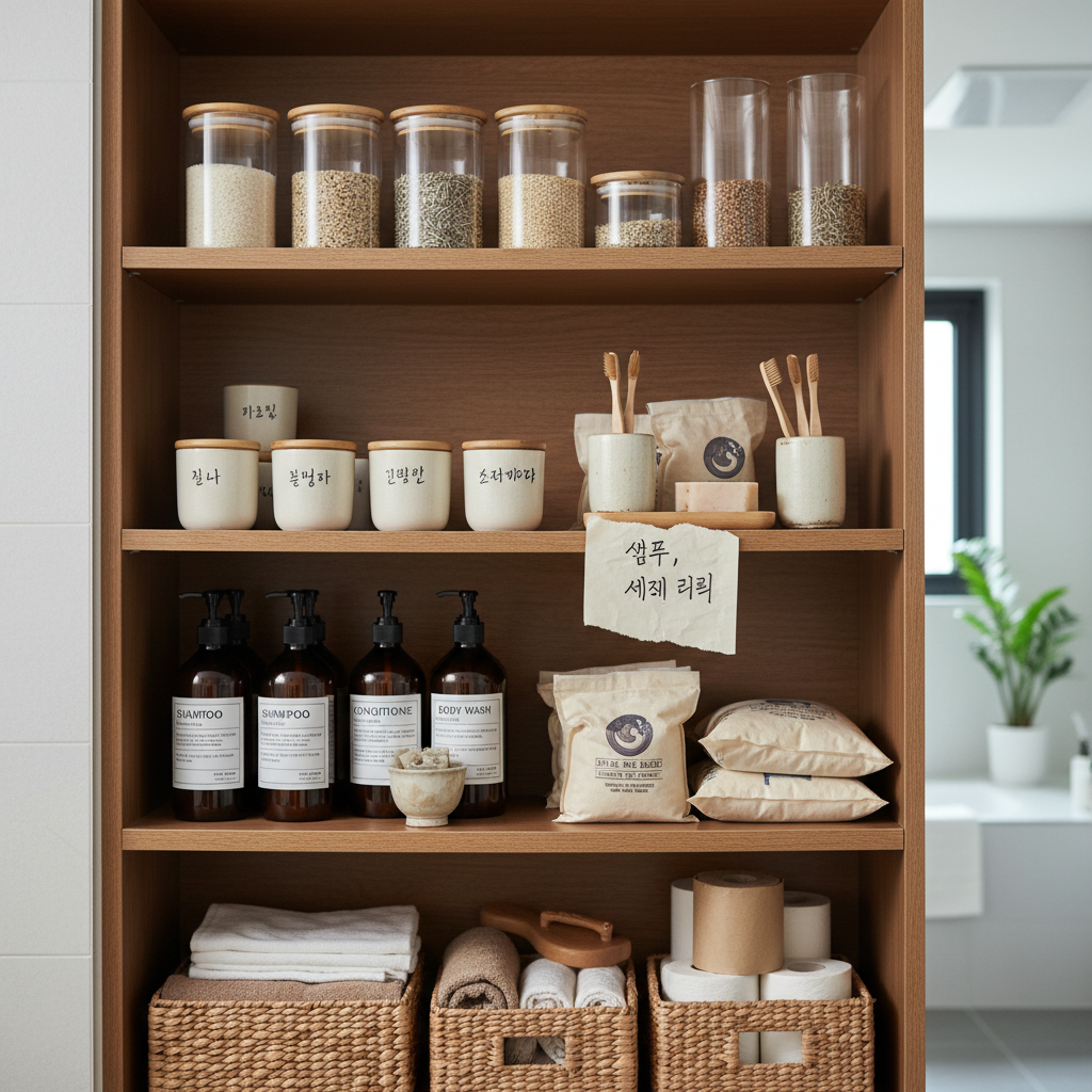 다음 교체 순서를 적은 작은 메모와 욕실용품을 둔 생성 이미지