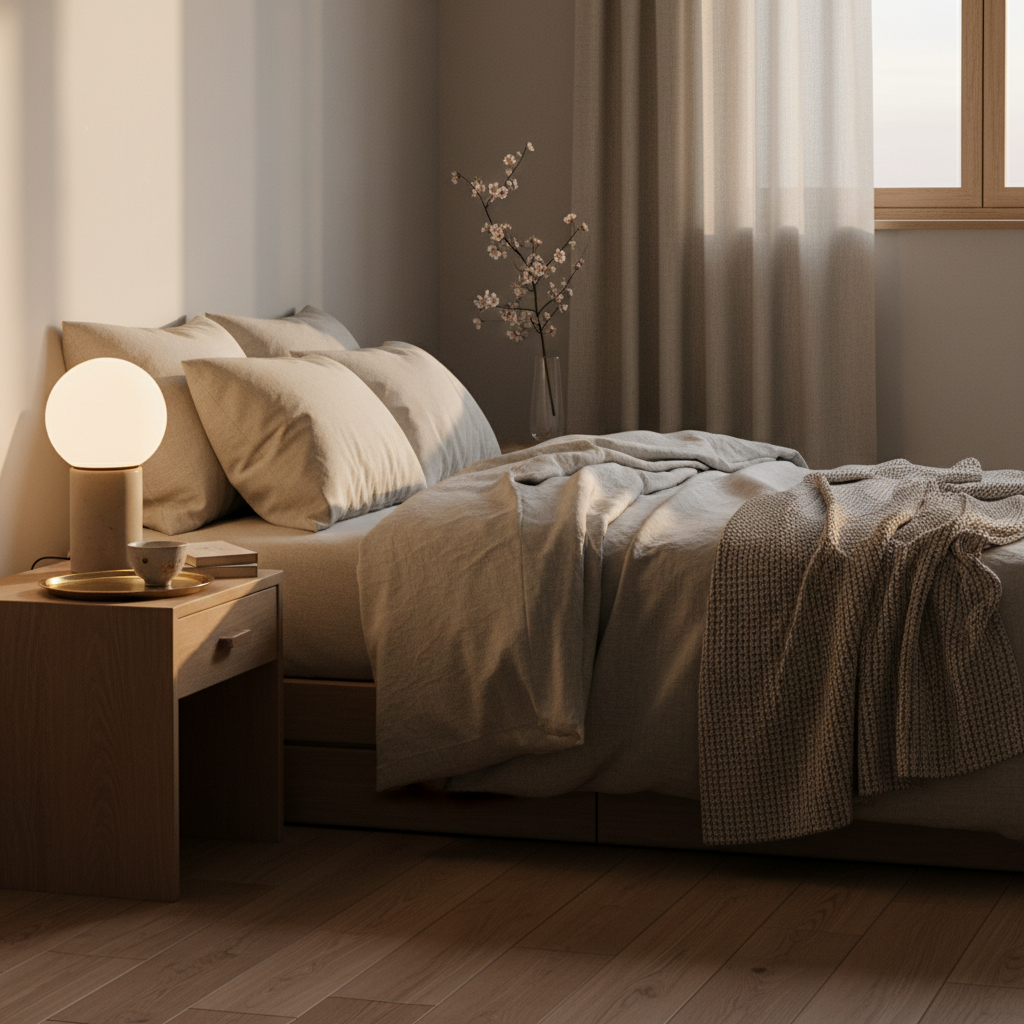 침실 패브릭과 조명, 작은 협탁을 따뜻하게 정돈한 생성 이미지