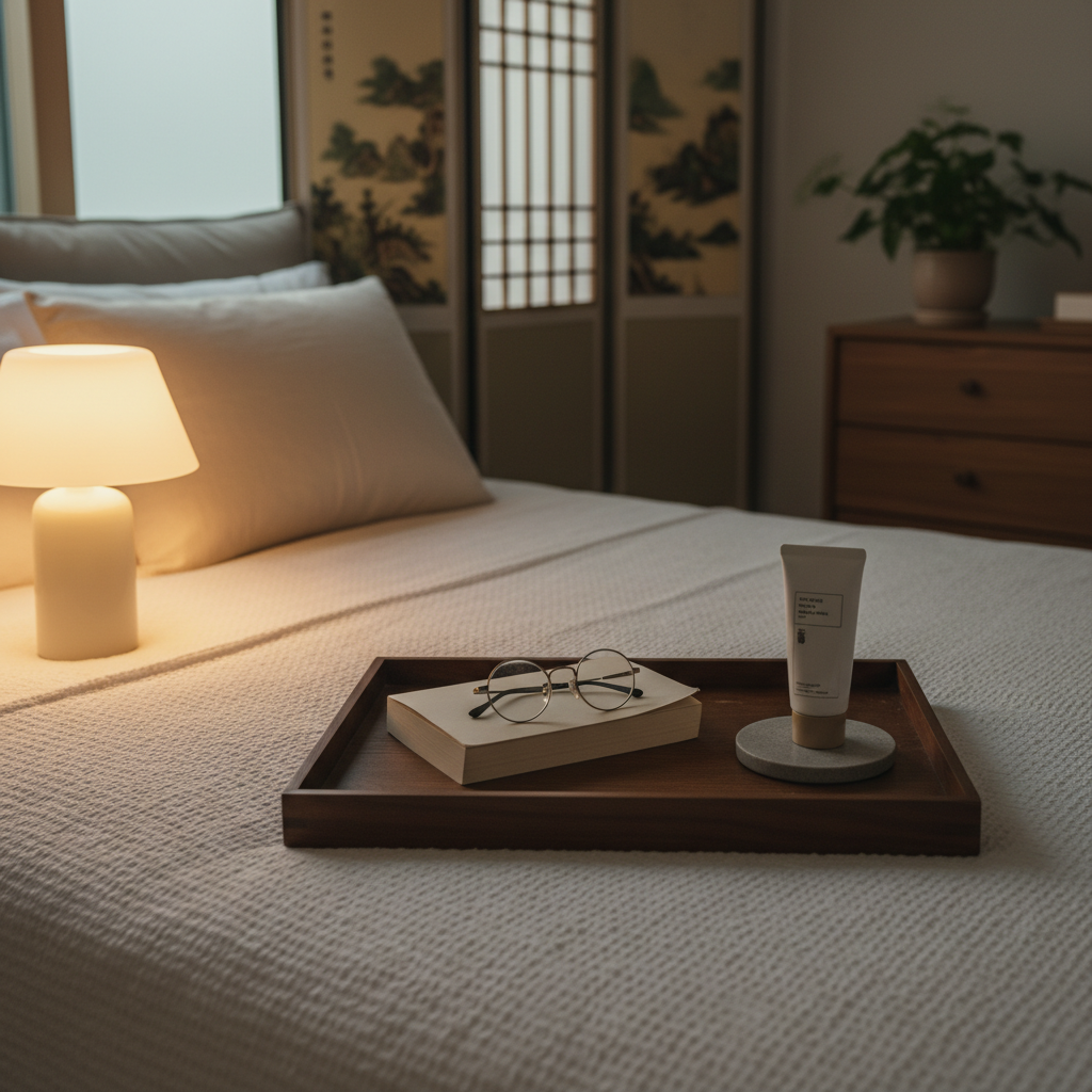 침대 옆 협탁에 책과 안경, 핸드크림을 한 트레이에 모은 생성 이미지