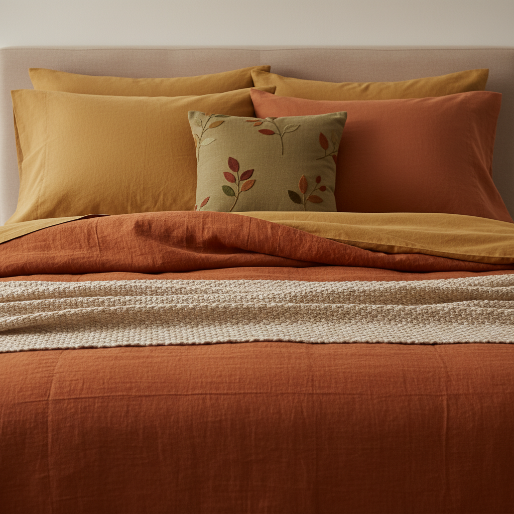 침실 패브릭을 계절 톤에 맞게 줄여 둔 생성 이미지