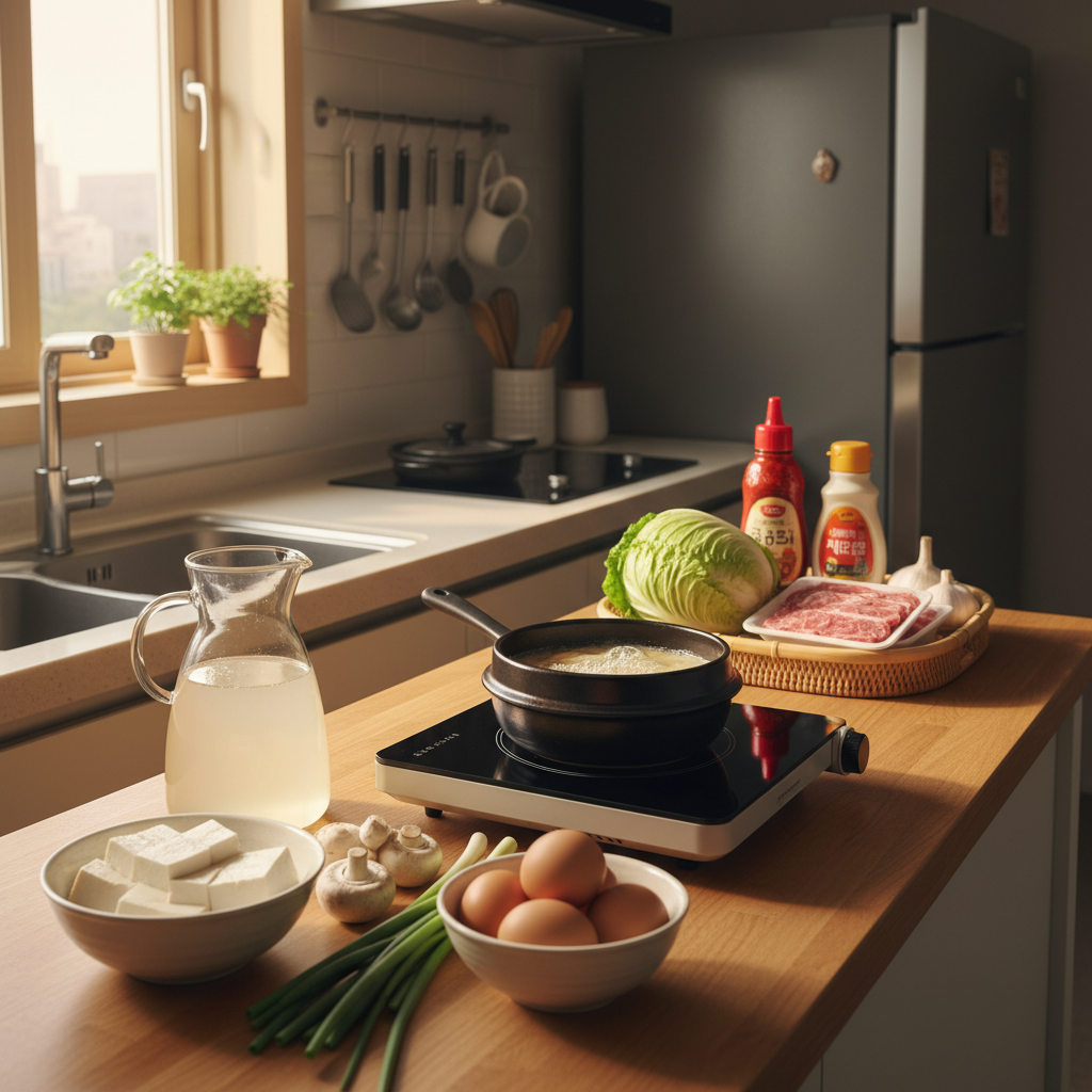 아침 햇살 아래 집밥 재료를 냉장고 앞에 차분히 정리한 생성 이미지