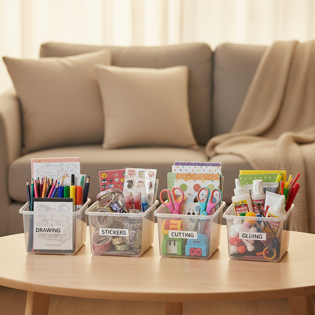 자주 쓰는 만들기 재료를 작은 바구니로 나눠 놓은 생성 이미지