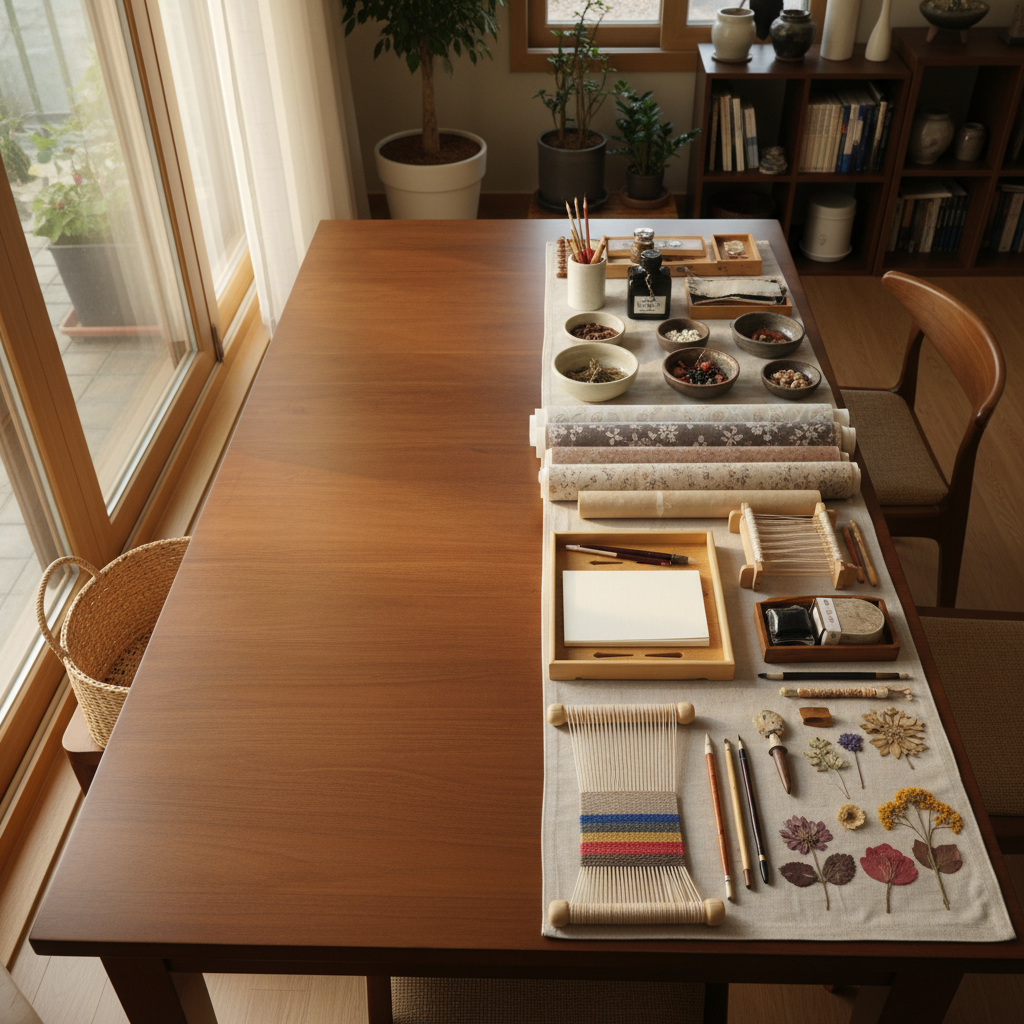 다음 놀이를 위해 테이블 한쪽을 비워 두고 재료를 다시 둔 생성 이미지