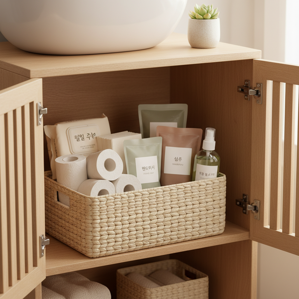 욕실 리필 바구니와 휴지, 세정제, 물티슈를 정리한 생성 이미지