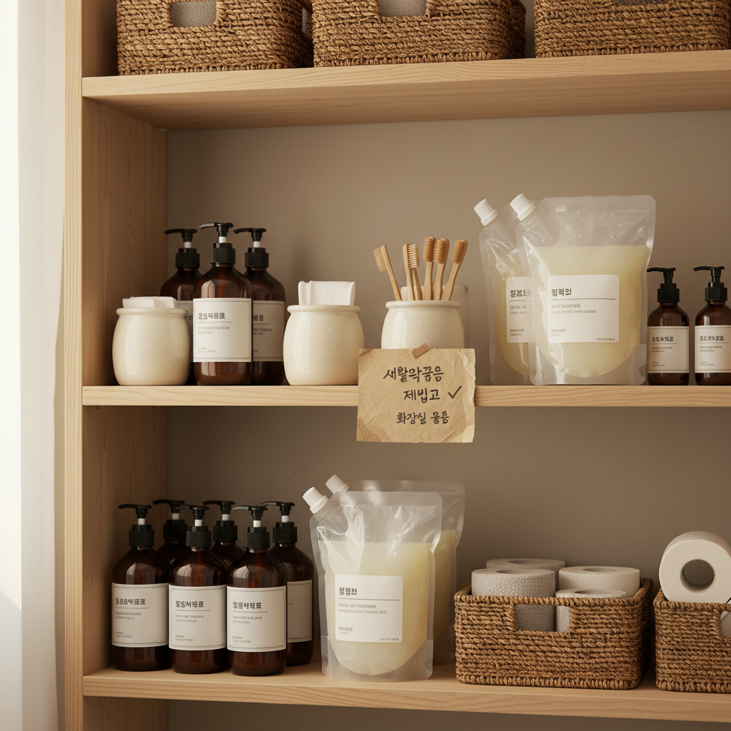 다음 교체 순서를 적은 작은 메모와 욕실용품을 둔 생성 이미지
