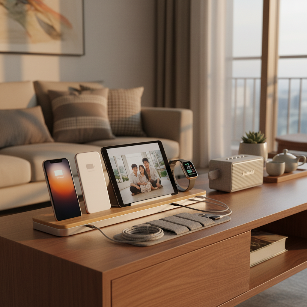 가족 기기 도킹 구역과 충전선, 태블릿을 정돈한 생성 이미지