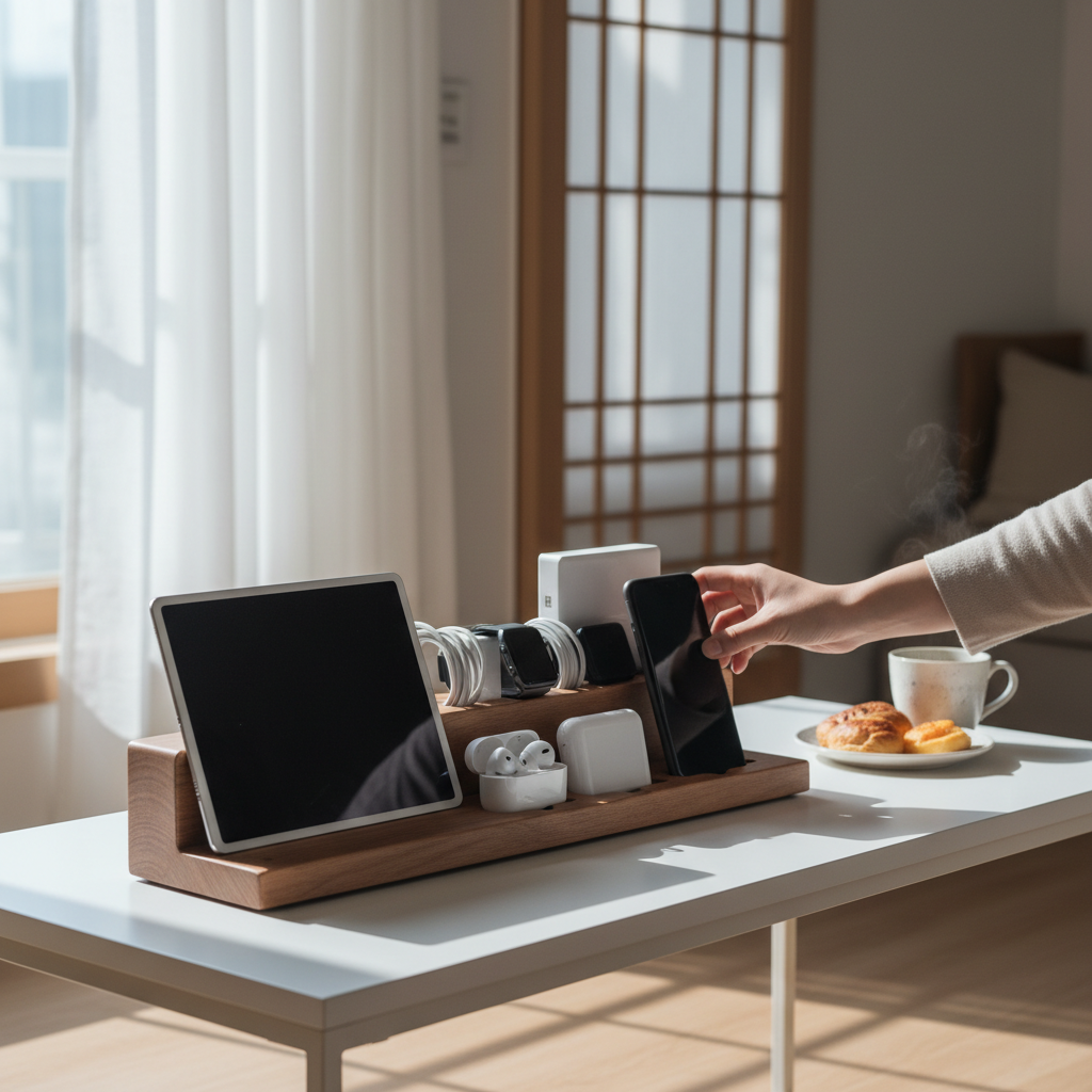 아침에 바로 들고 나갈 기기를 앞줄에서 꺼내는 생성 이미지