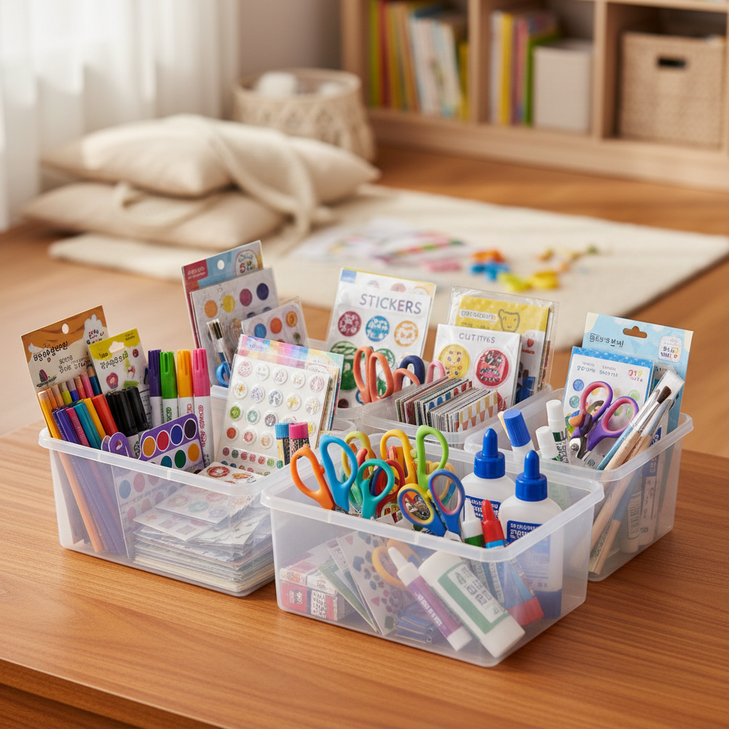 자주 쓰는 만들기 재료를 작은 바구니로 나눠 놓은 생성 이미지