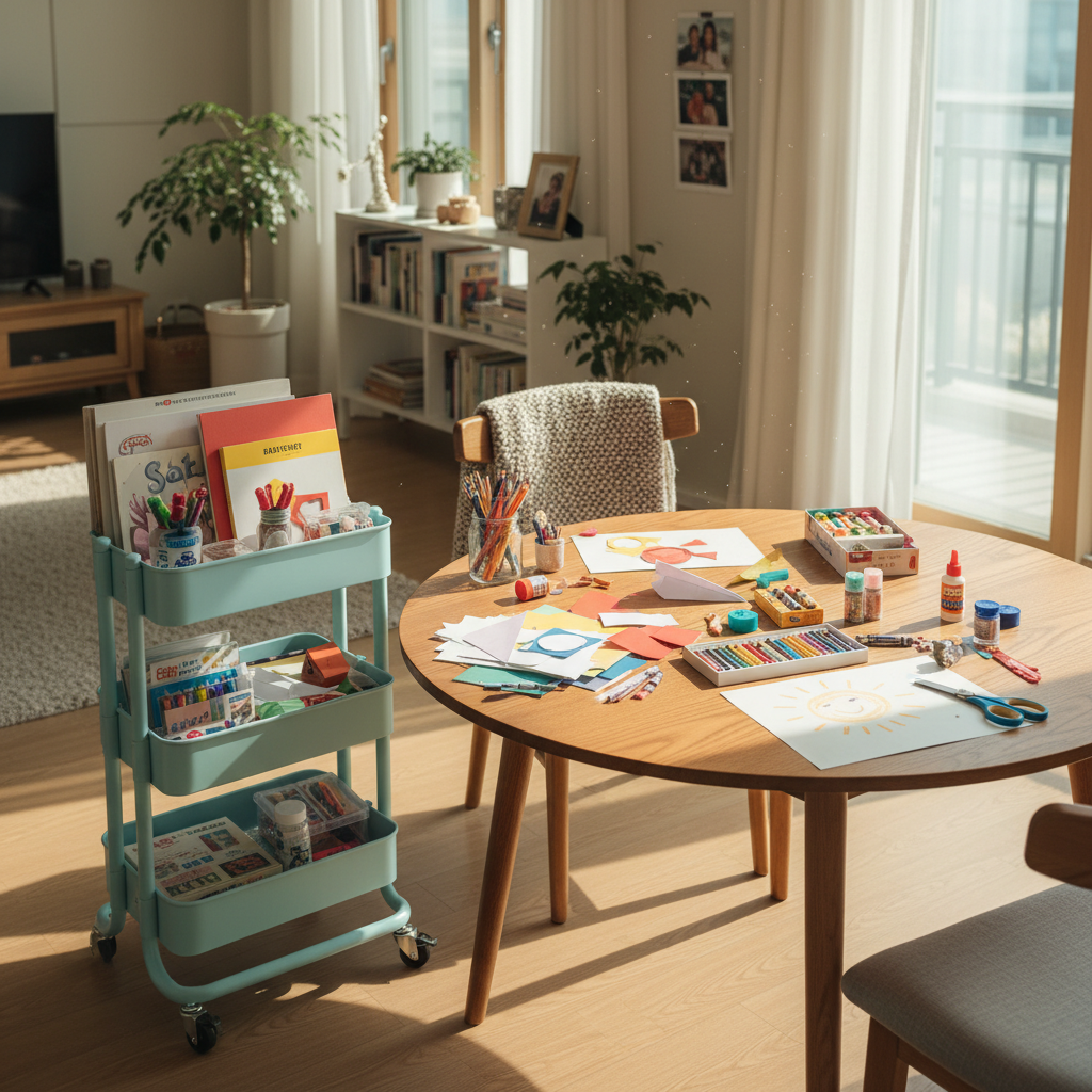 아이 만들기 테이블과 재료 카트를 따뜻하게 정돈한 생성 이미지