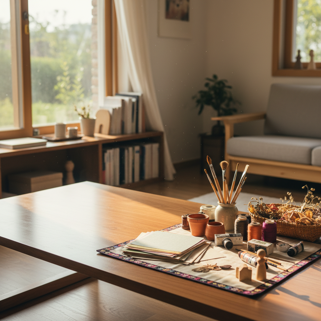 다음 놀이를 위해 테이블 한쪽을 비워 두고 재료를 다시 둔 생성 이미지