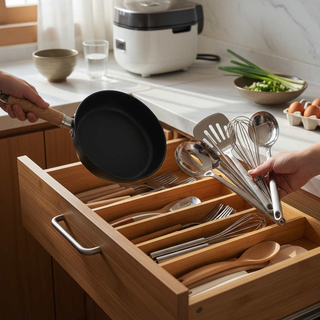 도구와 작은 팬을 같이 꺼내 두는 아침 준비 장면 생성 이미지