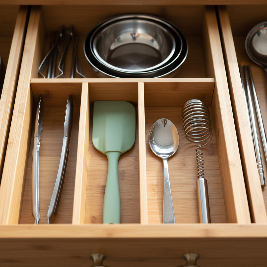 아침용 집게와 주걱, 작은 스푼을 앞줄에 배치한 생성 이미지