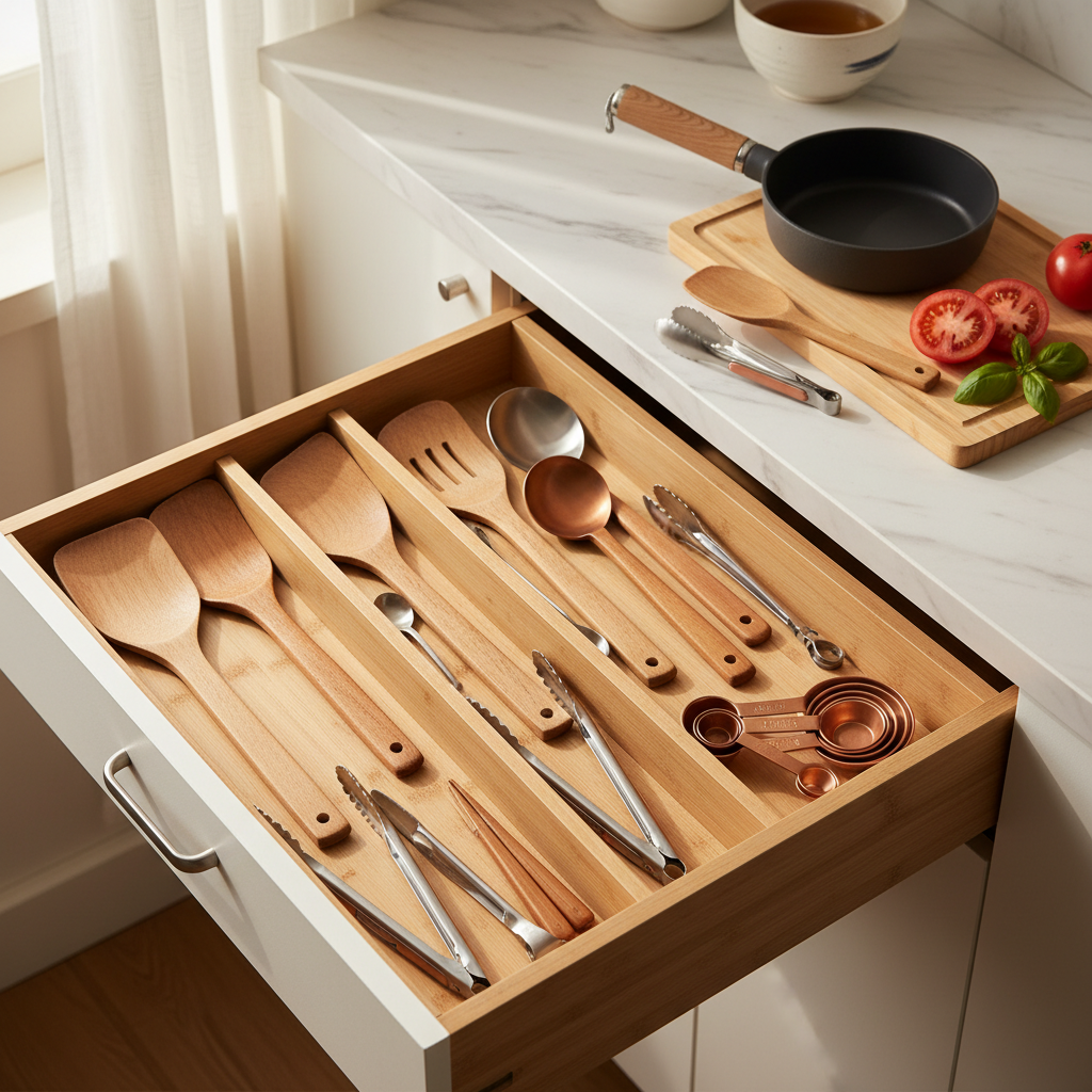 아침 조리도구가 서랍과 조리대에서 정돈된 생성 이미지