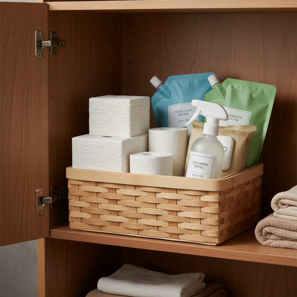 욕실 리필 바구니와 휴지, 세정제, 물티슈를 정리한 생성 이미지