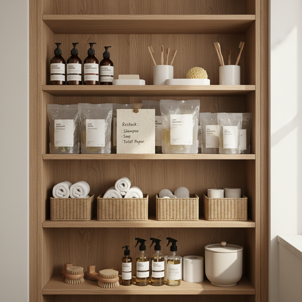 다음 교체 순서를 적은 작은 메모와 욕실용품을 둔 생성 이미지