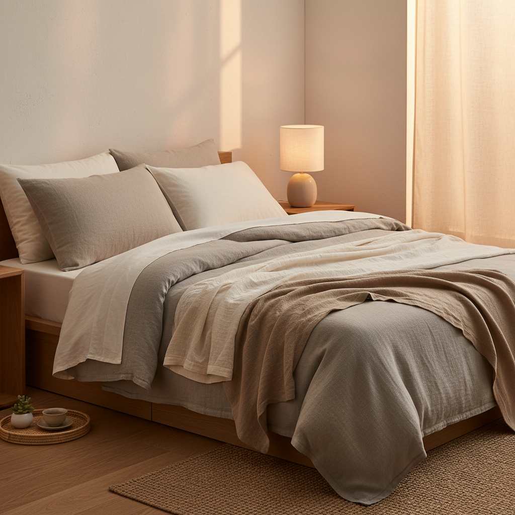 침실 패브릭과 조명, 작은 협탁을 따뜻하게 정돈한 생성 이미지