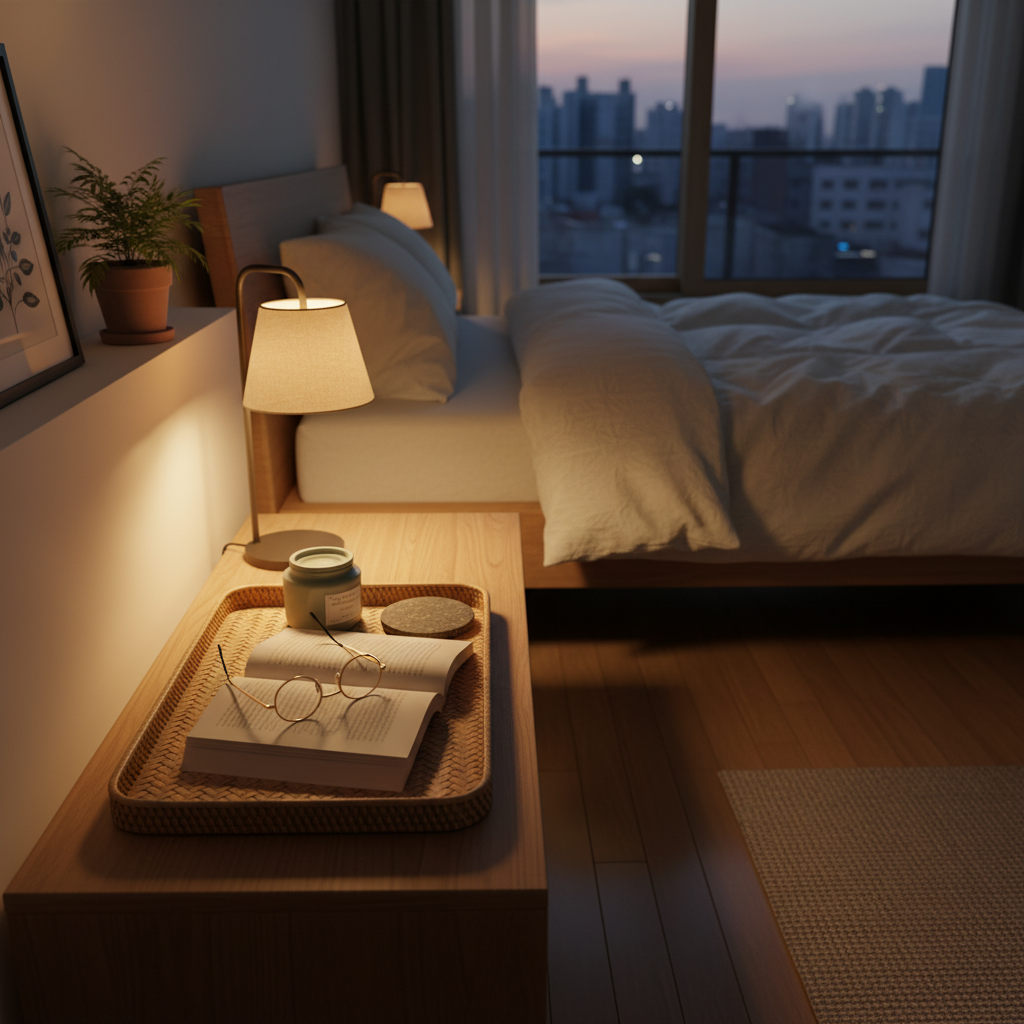 침대 옆 협탁에 책과 안경, 핸드크림을 한 트레이에 모은 생성 이미지