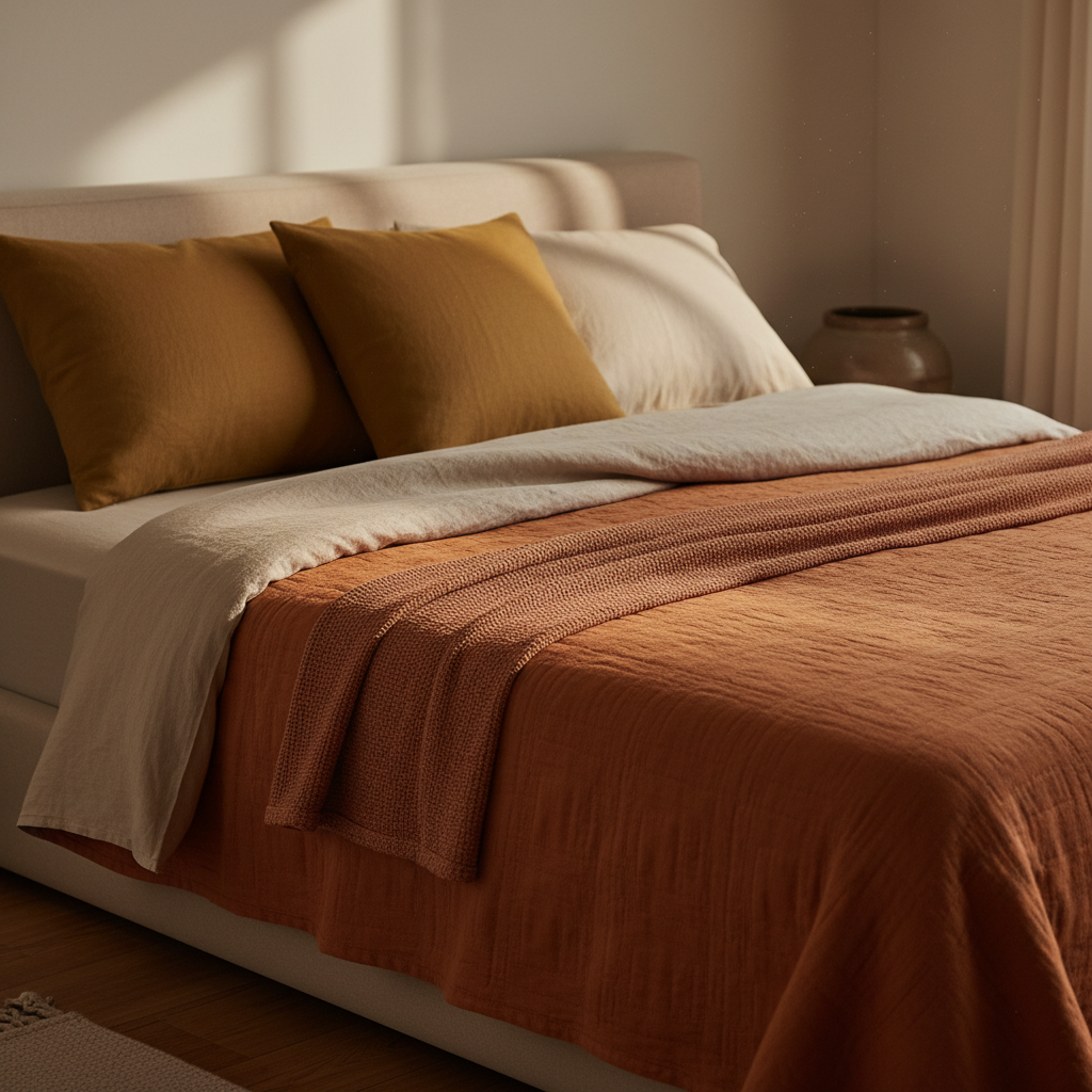 침실 패브릭을 계절 톤에 맞게 줄여 둔 생성 이미지