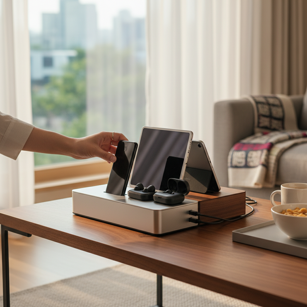 아침에 바로 들고 나갈 기기를 앞줄에서 꺼내는 생성 이미지