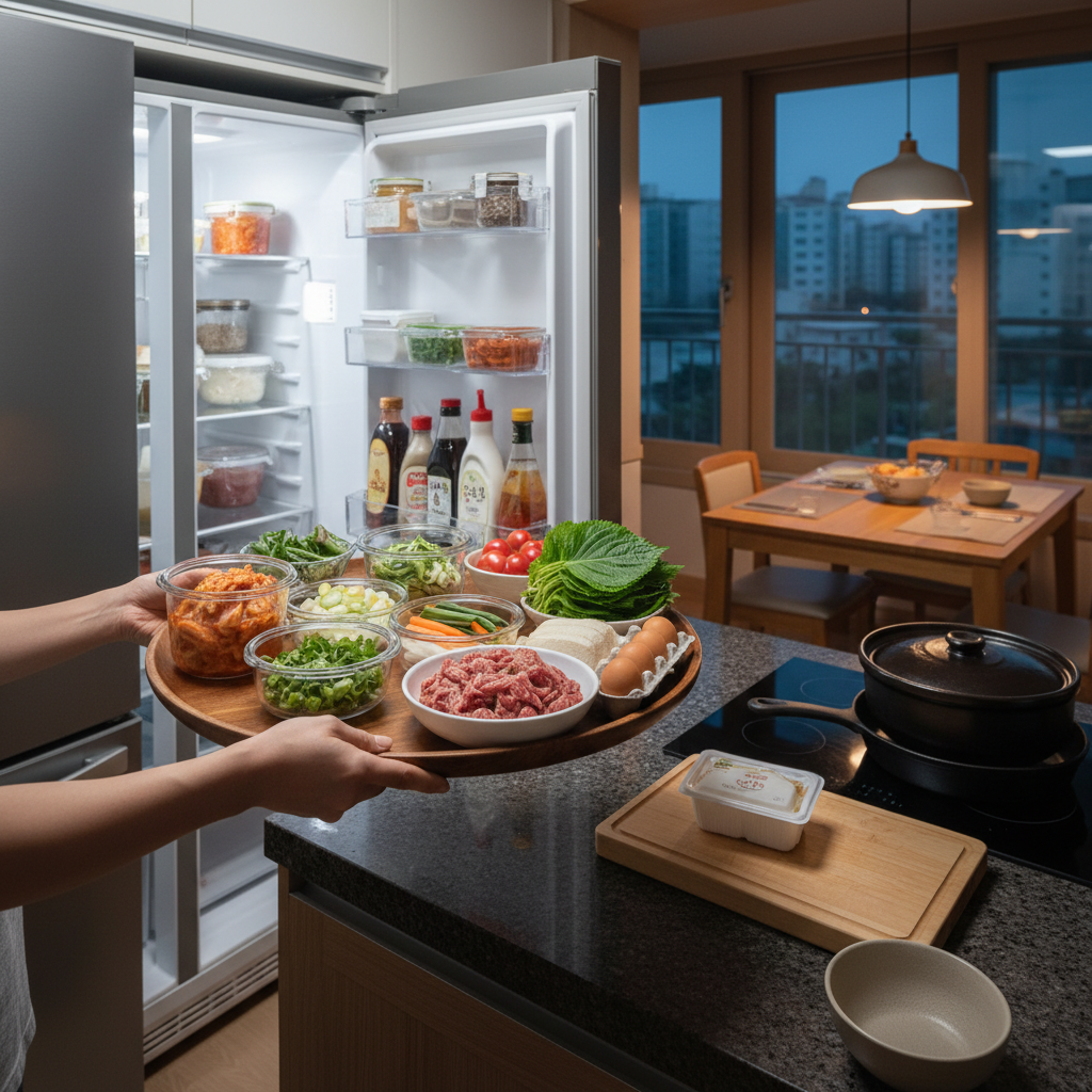 저녁 조리 시작 전에 한 번에 재료를 꺼내는 생성 이미지