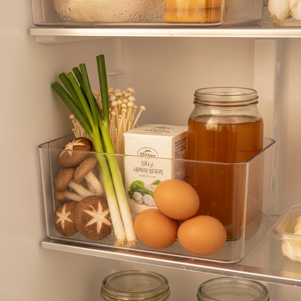 오늘 저녁에 쓸 재료만 냉장고 한 칸에 모아둔 생성 이미지
