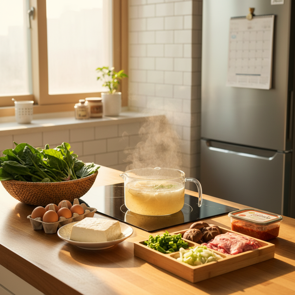 아침 햇살 아래 집밥 재료를 냉장고 앞에 차분히 정리한 생성 이미지