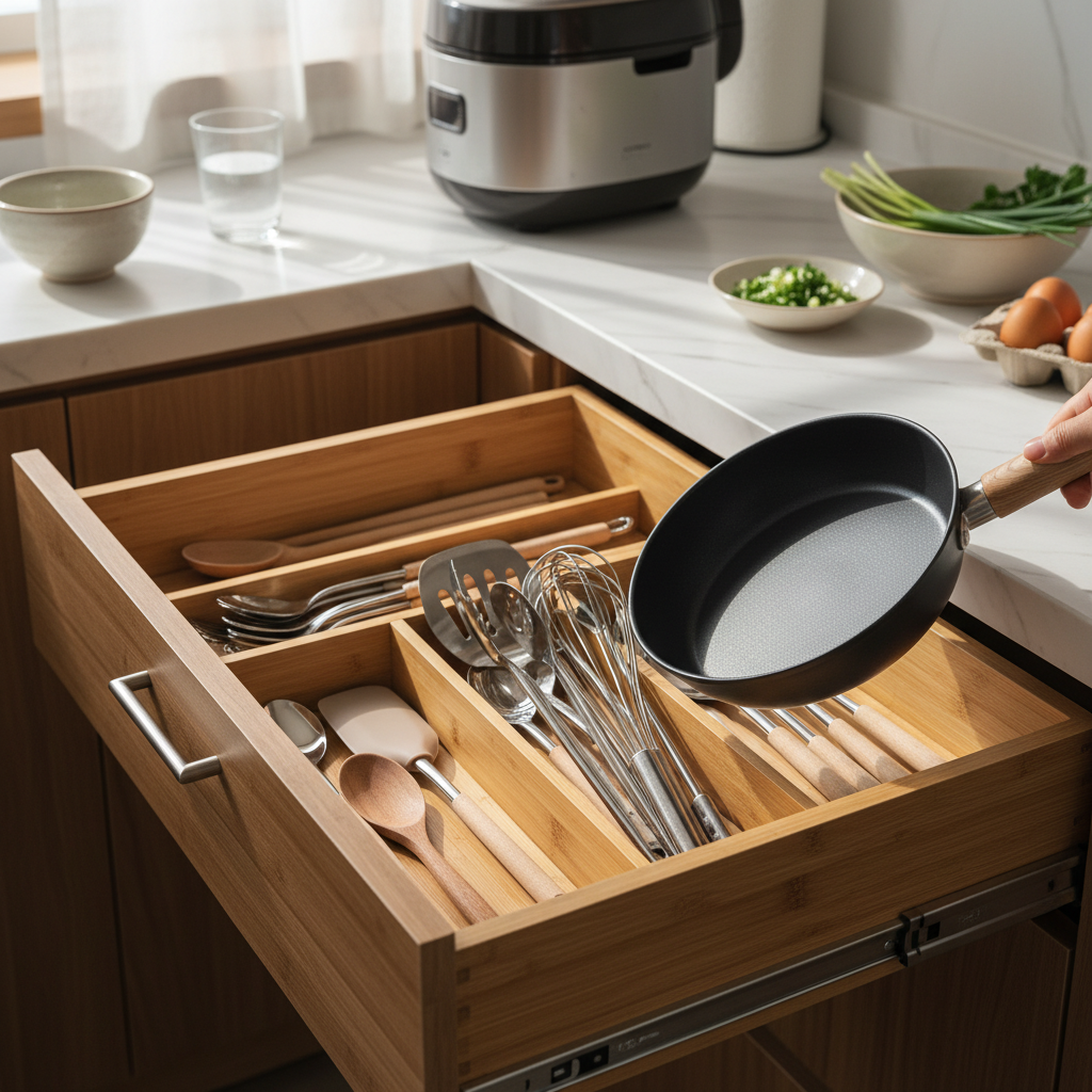 도구와 작은 팬을 같이 꺼내 두는 아침 준비 장면 생성 이미지