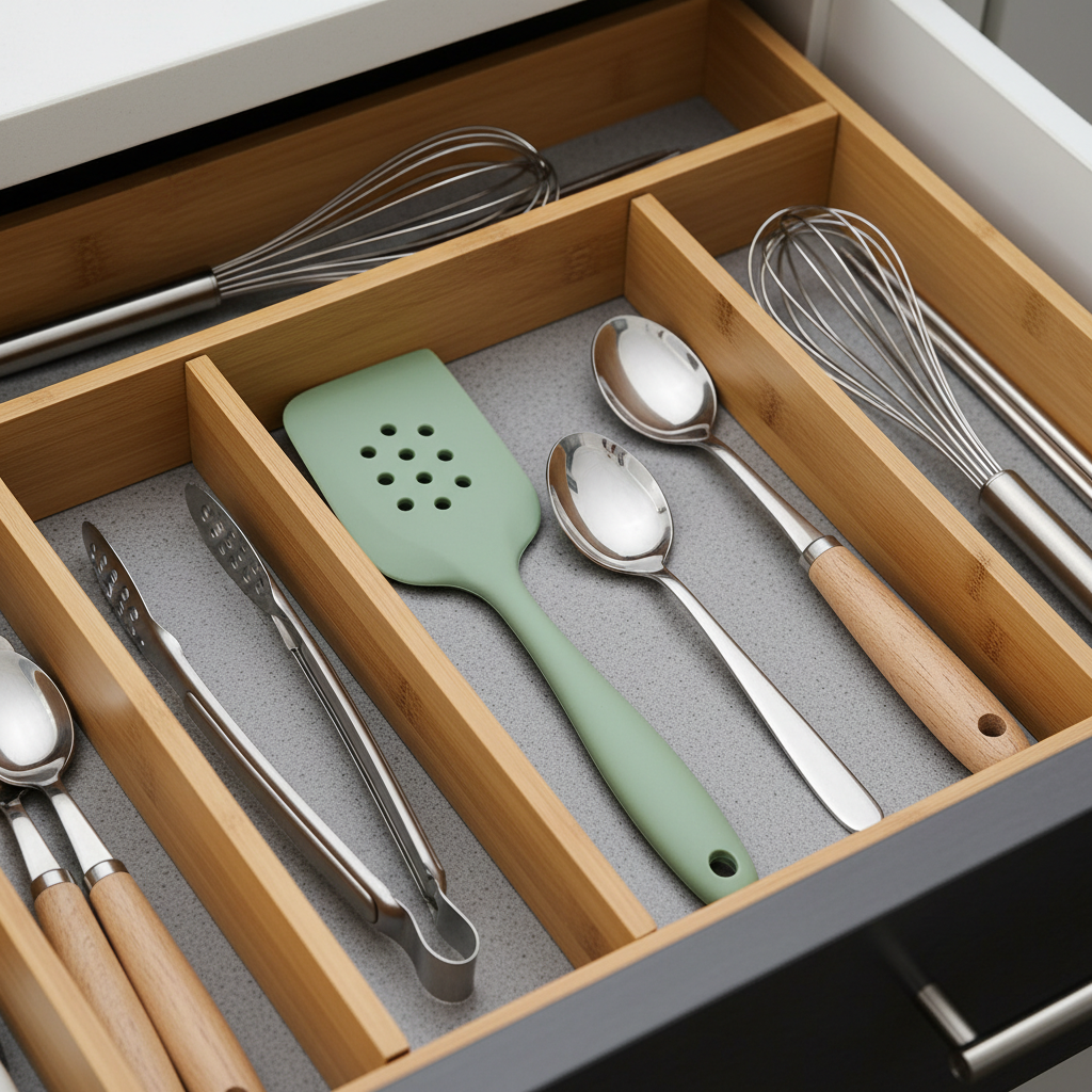 아침용 집게와 주걱, 작은 스푼을 앞줄에 배치한 생성 이미지