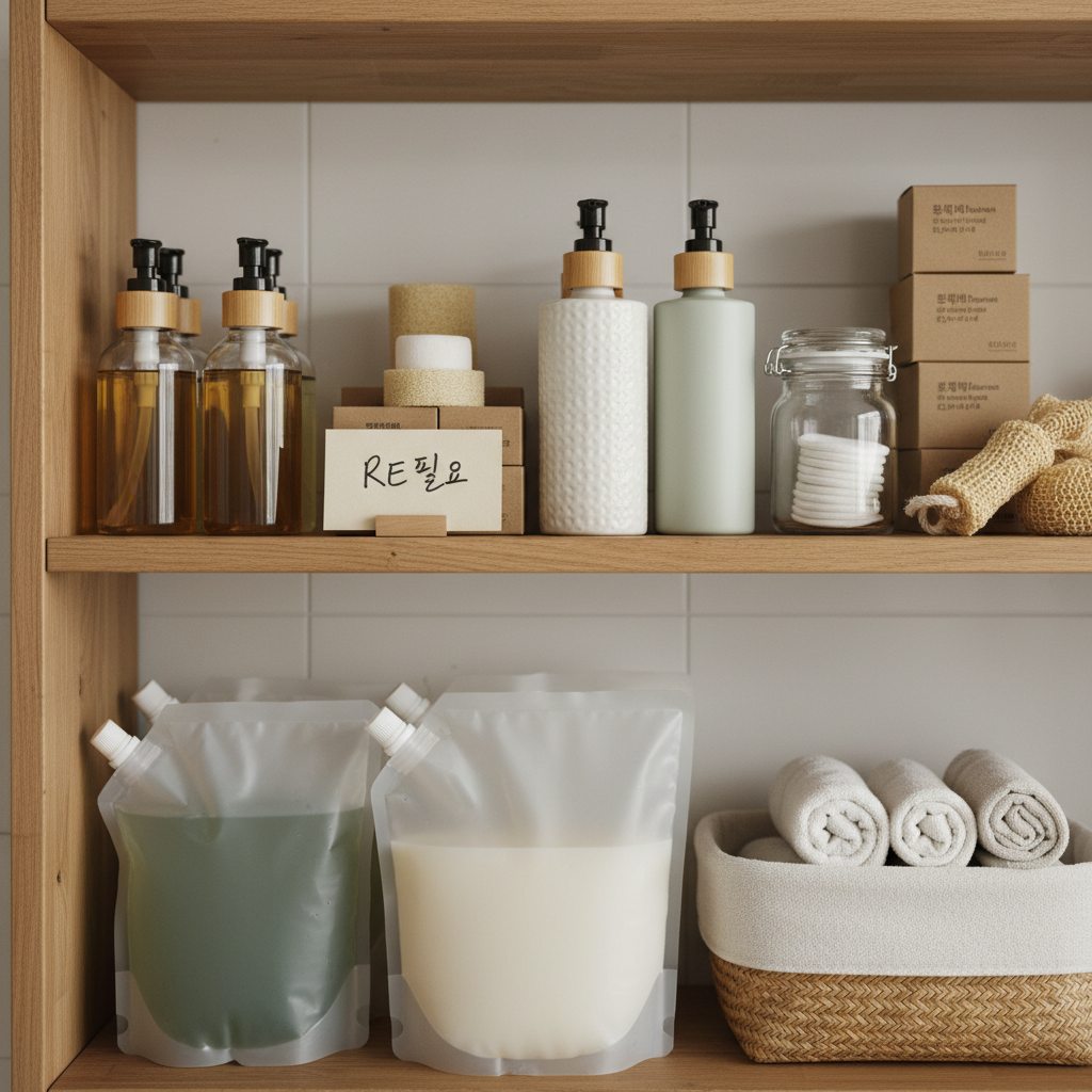 다음 교체 순서를 적은 작은 메모와 욕실용품을 둔 생성 이미지