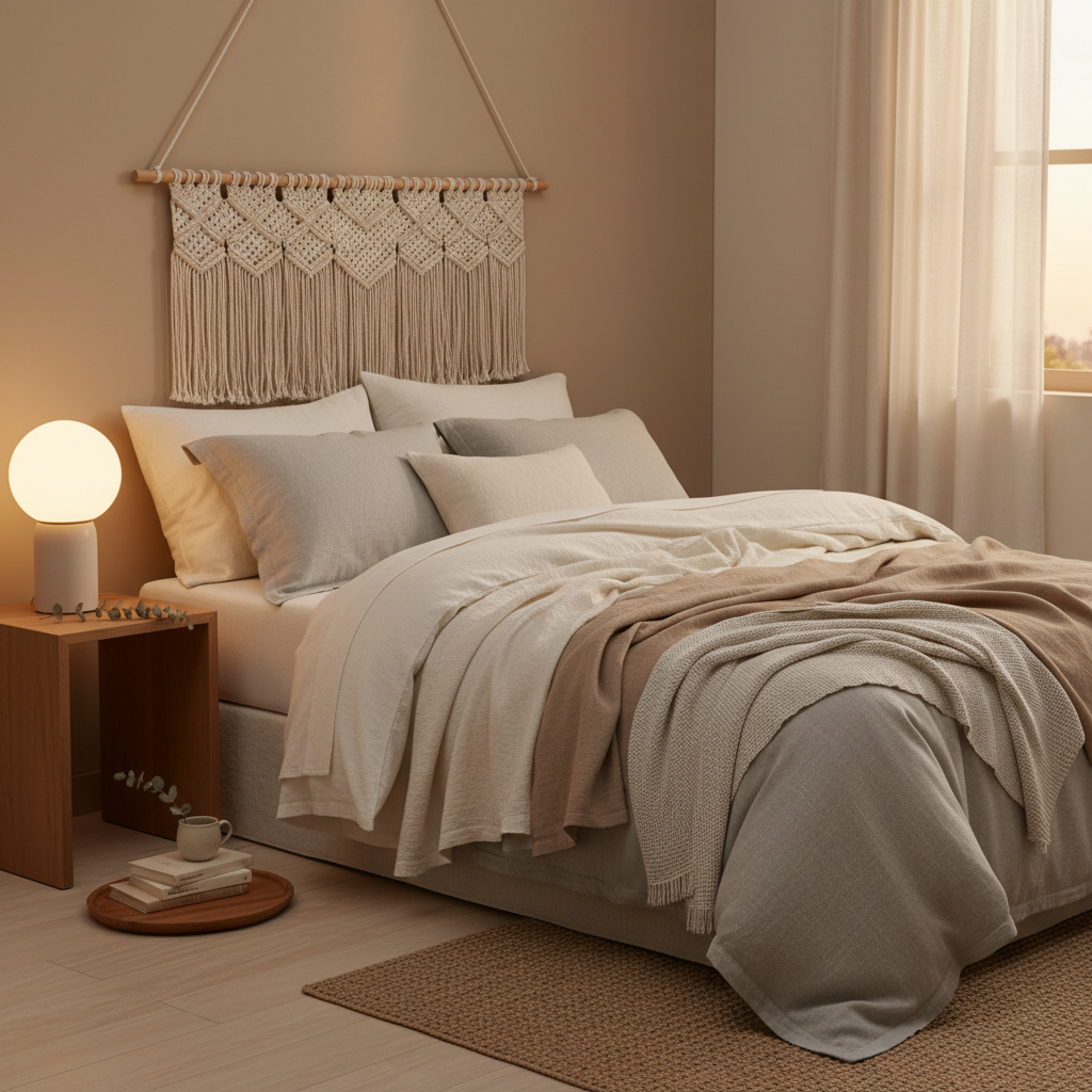 침실 패브릭과 조명, 작은 협탁을 따뜻하게 정돈한 생성 이미지