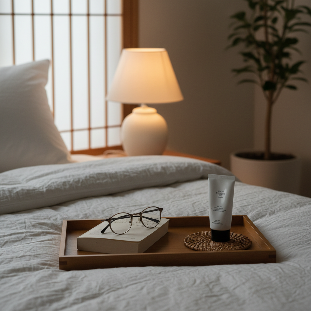 침대 옆 협탁에 책과 안경, 핸드크림을 한 트레이에 모은 생성 이미지