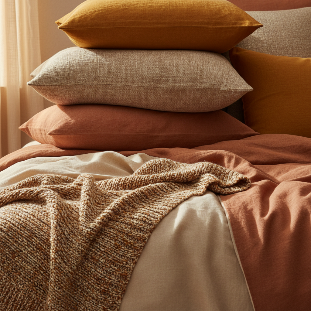 침실 패브릭을 계절 톤에 맞게 줄여 둔 생성 이미지