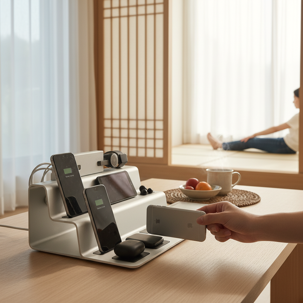 아침에 바로 들고 나갈 기기를 앞줄에서 꺼내는 생성 이미지