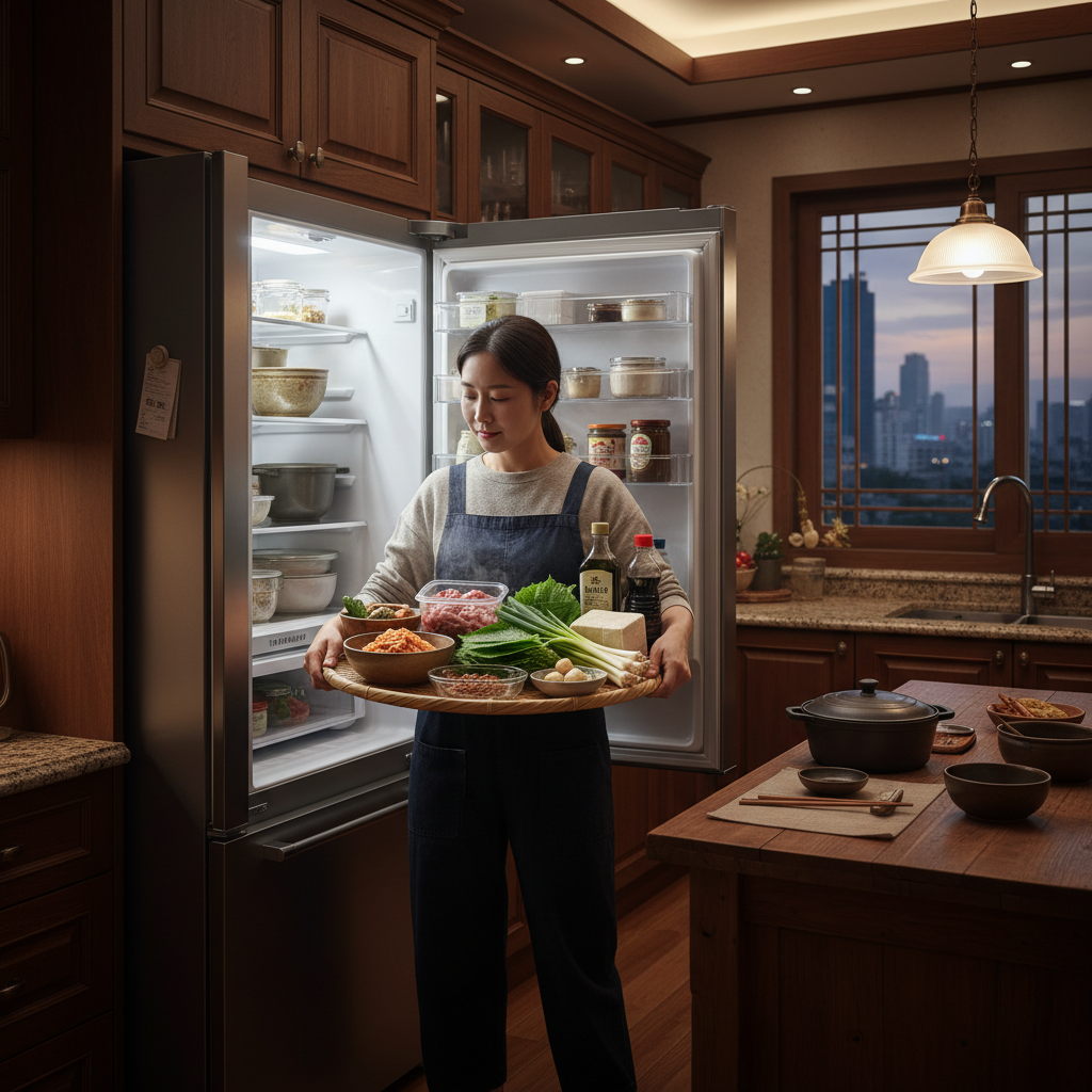 저녁 조리 시작 전에 한 번에 재료를 꺼내는 생성 이미지