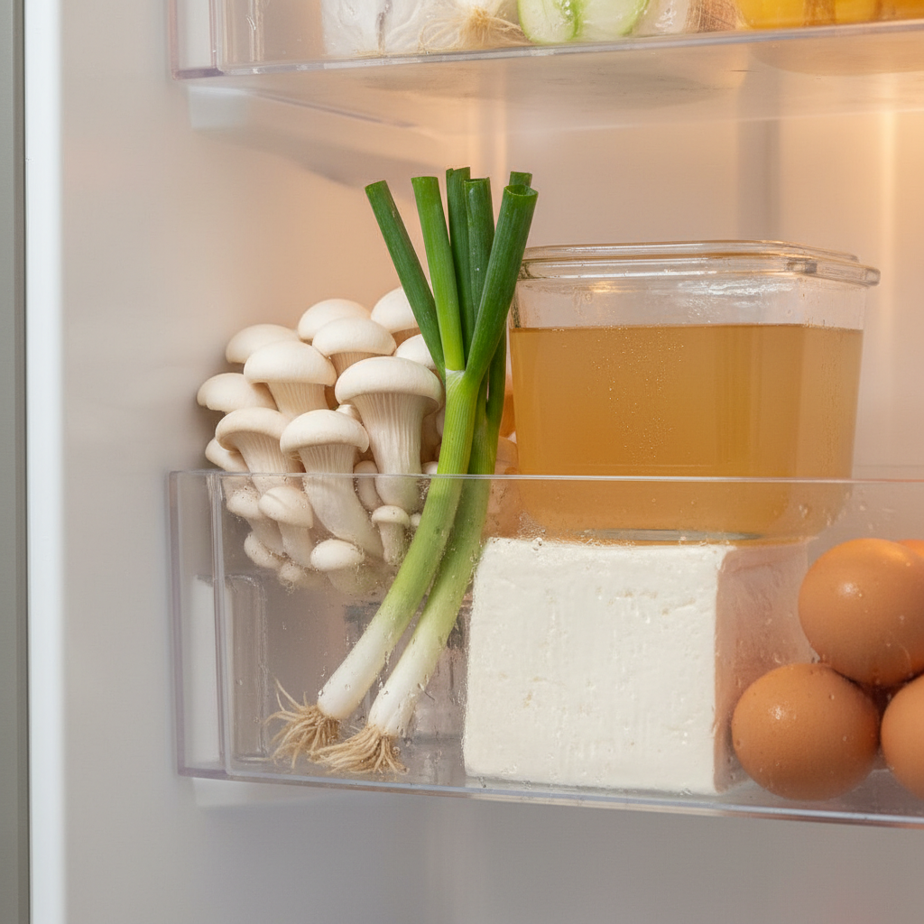 오늘 저녁에 쓸 재료만 냉장고 한 칸에 모아둔 생성 이미지